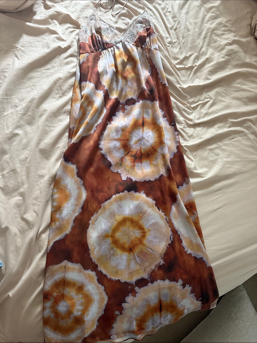 Zara Brown & White Tie-Dye Satin Maxi Skirt with Lace Trim